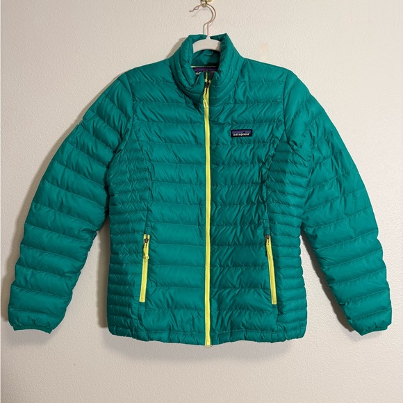 Patagonia Women's Down Sweater puff zip jacket in aqua stone/green Sz M ~flaw - Picture 8 of 11